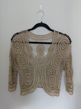 Crochet Bolero SZ M Gold Crop 3/4 Sleeve Festival Boho Fairy Cottage Coachella